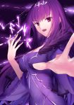  absurdres bangs breasts cleavage dress eyebrows_visible_through_hair fate/grand_order fate_(series) fur_trim gogatsu_fukuin headpiece highres jewelry long_hair looking_at_viewer medium_breasts open_mouth purple_dress purple_hair red_eyes runes scathach_(fate)_(all) scathach_skadi_(fate/grand_order) solo tiara 