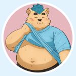 anthro bear belly blue_hair blush bodily_fluids brown_body brown_fur clothing eyebrows fur hair hi_res male mammal navel overweight pupils shirt slit_pupils smile solo sweat t-shirt thick_eyebrows topwear umi_simanami vtuber yaki_atsuage
