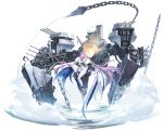  1girl azur_lane bare_shoulders braid breasts cannon chain coat elbow_gloves fangs full_body fur-trimmed_coat fur_trim gloves hair_between_eyes hair_intakes hair_ornament hand_on_own_face high_heels highres ice large_breasts long_hair looking_at_viewer non-humanoid_robot official_art pants pink_eyes poltava_(azur_lane) purple_hair rigging ripples robot shirt sitting sleeveless smile solo thigh_strap thighs turret v very_long_hair white_coat white_gloves white_pants white_shirt wrist_cuffs 