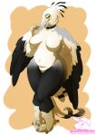4_toes accipitriform anthro avian bird breasts dirtybird feathered_wings feathers featureless_breasts feet female genitals knees_together multicolored_body multicolored_feathers navel non-mammal_breasts nude pussy secretary_bird signature simple_background smile solo standing toes wings yellow_eyes