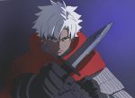  black_gloves brown_eyes cape closed_mouth commentary_request dagger dark_skin dark_skinned_male emiya_kiritsugu emiya_kiritsugu_(assassin) eyebrows_visible_through_hair fate/grand_order fate_(series) gloves holding holding_weapon looking_at_viewer male_focus mi_(pic52pic) purple_background solo upper_body weapon white_hair 
