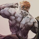  1boy absurdres arm_up back back_tattoo biceps colored_skin ear_piercing facing_away final_fantasy final_fantasy_xiv from_behind grey_skin highres jewelry male_focus median_furrow mihira_(tainosugatayaki) muscular muscular_male neck_tattoo orange_hair piercing roegadyn scar scar_on_arm scar_on_back scar_on_shoulder short_hair sideburns signature solo tattoo too_many_scars upper_body warrior_of_light_(ff14) 