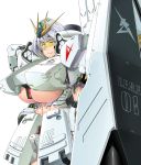  abs absurdres armor bangs between_breasts blush breasts char's_counterattack clenched_teeth cowboy_shot embarrassed english eyebrows_visible_through_hair fin_funnels furrowed_eyebrows gundam headgear headpiece highres huge_breasts looking_away mecha_musume nu_gundam personification saizu_nitou_gunsou sanpaku shield short_hair silver_hair simple_background solo standing teeth underboob visor white_background yellow_eyes 