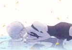  androgynous cairngorm_(houseki_no_kuni) closed_eyes colored_eyelashes different_reflection gem_uniform_(houseki_no_kuni) ghost_quartz_(houseki_no_kuni) grey_eyes grey_hair hair_over_one_eye houseki_no_kuni looking_at_viewer lying lying_on_water nallck_6v6_(nothy-nn) necktie on_side petals reflection short_hair short_hair_with_long_locks silver_eyes spoilers suspenders water white_eyes white_hair 