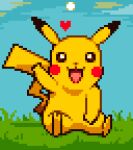 ambiguous_gender cc-by-nc cheek_spots creative_commons digital_media_(artwork) dipstick_ears feral generation_1_pokemon grass heart_symbol multicolored_ears nintendo open_mouth open_smile pikachu pixel_(artwork) plant pokemon pokemon_(species) rappenem smile solo tail yellow_body