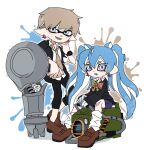  1boy 1girl black_pants blue_eyes blue_hair bow bowtie brown_footwear colored_eyelashes commentary_request earrings explosher_(splatoon) eyelashes fang fangs full_body green_bow green_bowtie green_necktie grey_eyes grey_hair gun highres ikki_(gsl_9708) inkling inkling_boy inkling_player_character jewelry korean_commentary leg_warmers long_hair mole mole_under_eye nautilus_(splatoon) necktie octoling octoling_girl octoling_player_character open_mouth paint_splatter pants pink_bow pink_bowtie pink_necktie pointy_ears sharp_teeth shoes short_hair simple_background sitting sleeves_past_wrists smile splatoon_(series) splatoon_3 standing striped_bow striped_bowtie striped_clothes striped_necktie teeth tentacle_hair thick_eyebrows twintails two-tone_bowtie two-tone_necktie weapon white_background 