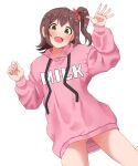  1girl absurdres ass_visible_through_thighs blush brown_hair collarbone hands_up haruki_(haruki678) highres hood hoodie idolmaster idolmaster_million_live! kasuga_mirai looking_at_viewer no_pants one_side_up pink_hoodie simple_background smile solo white_background 