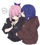  2girls atenaba black_hoodie blue_eyes blue_hair blue_ribbon brown_hoodie closed_eyes hair_ribbon highres holding holding_microphone hood hood_down hoodie kaf_(kamitsubaki_studio) kamitsubaki_studio long_hair microphone multiple_girls music parted_lips pink_hair ponytail red_hair ribbon rim_(kamitsubaki_studio) short_hair simple_background singing sleeves_rolled_up spoken_blush white_background yellow_pupils yuri 