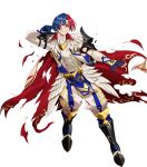  1boy alear_(engaging_fire)_(fire_emblem) black_footwear blue_eyes blue_gloves blue_hair cape circletewhite_cape damaged fire_emblem fire_emblem_engage gloves gold_trim heterochromia highres mikurou_(nayuta) multicolored_cape multicolored_clothes non-web_source official_alternate_costume pelvic_curtain red_cape red_eyes red_hair solo torn_cape torn_clothes 