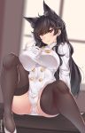  animal_ear_fluff animal_ears arm_support atago_(azur_lane) azur_lane bangs black_hair black_legwear blush breasts brown_eyes buttons cameltoe commentary_request extra_ears eyebrows_visible_through_hair gloves hair_ornament hair_ribbon hand_on_own_chest highres indoors kanachirou large_breasts lips long_hair long_sleeves looking_at_viewer military military_uniform panties parted_lips ribbon sitting smile solo spread_legs swept_bangs thighhighs twitter_username underwear uniform white_footwear white_gloves white_panties white_ribbon 