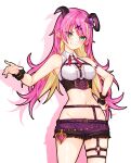  1girl absurdres asymmetrical_horns blonde_hair chest_harness colored_inner_hair demon_girl demon_horns green_eyes hair_ornament harness highres hip_bones hololive horns long_hair looking_at_viewer ma_draws mano_aloe midriff multicolored_hair navel pink_hair pointy_ears short_shorts shorts simple_background solo two-tone_hair uneven_horns virtual_youtuber white_background 