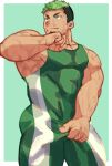  1boy bara black_hair covered_abs cowboy_shot dark-skinned_male dark_skin facial_hair goatee green_hair ikusaba_daisuke looking_to_the_side male_focus multicolored_hair muscular muscular_male pectoral_cleavage pectorals ragi_san_(ononokomachiimo) short_hair sideburns_stubble sidepec singlet solo standing stubble sweat sweaty_clothes thick_eyebrows thick_thighs thighs tokyo_afterschool_summoners two-tone_hair very_sweaty wrestling_outfit 