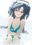  1girl absurdres asymmetrical_bangs bare_shoulders bikini black_eyes black_hair blue_archive blue_bikini breasts caustics cleavage commentary esubui halo halterneck highres long_hair open_mouth small_breasts smile solo swimsuit two_side_up upper_body wading water yuuka_(blue_archive) 