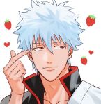  1boy closed_mouth gintama heart heart_background jacket looking_to_the_side male_focus mirin_(coene65) portrait red_eyes red_jacket sakata_gintoki shaded_face short_hair simple_background solo strawberry_background white_background white_hair 