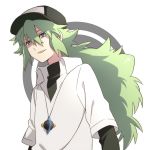  1boy green_eyes green_hair long_hair male_focus minagawa n_(pokemon) pokemon pokemon_black_&amp;_white simple_background smile solo 