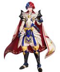  1boy alear_(engaging_fire)_(fire_emblem) black_footwear blue_eyes blue_gloves blue_hair circlet fire_emblem fire_emblem_engage gloves heterochromia highres looking_at_viewer mikurou_(nayuta) non-web_source official_alternate_costume pelvic_curtain reaching reaching_towards_viewer red_eyes red_hair scroll smile solo 