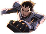  1boy armor artist_request backlighting black_bodysuit bodysuit brown_hair code_geass code_geass:_lost_stories forehead furrowed_brow game_cg grey_eyes grey_vest half-closed_eyes leaning_forward male_focus non-web_source official_art open_mouth short_hair shoulder_armor solo spiked_hair teeth tongue toudou_kyoushirou upper_body vest 