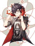  alternate_clothes black_hair glasses gloves headphones kurusu_akira looking_at_viewer male_focus persona_5 red_gloves red_handwear short_hair smile solo 