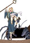  2girls blonde_hair book boots capelet dungeon_meshi elf fleeing frieren green_eyes highres lifting_person long_hair marceline_abadeer mimic monster multiple_girls pants pointy_ears robe running sandals simple_background sousou_no_frieren staff sweat sweatdrop twintails white_background white_hair yasehattagi 