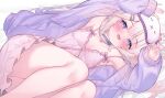  1girl armpits bare_legs blush camisole cardigan eip_(pepai) eye_mask feet_out_of_frame flat_chest hair_spread_out highres iriam looking_at_viewer lying mask mask_on_head pink_camisole pink_hair purple_cardigan purple_eyes smile solo spice_(agency) thighs yohane_shiroru 