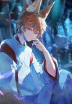  1boy a_ji alternate_costume animal_ear_fluff animal_ears blue_eyes blurry blurry_background blurry_foreground bug butterfly closed_mouth dutch_angle earrings extra_ears geki genshin_impact hakama hand_on_own_face hand_up highres japanese_clothes jewelry kemonomimi_mode looking_at_viewer male_focus moonlight night orange_hair outdoors rope shimenawa short_hair single_earring sleeves_past_elbows solo tartaglia_(genshin_impact) torii 