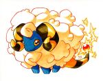  animal_focus blue_skin closed_mouth colored_skin electricity english_commentary horizontal_pupils horns mareep no_humans pokemon pokemon_(creature) railroadlion simple_background tail white_background wool yellow_eyes 