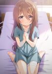  1girl absurdres artina bandages bed blue_eyes blush breasts brown_hair collarbone commentary_request hair_between_eyes hair_ornament highres hospital_bed hospital_gown long_hair looking_at_viewer no_shoes original own_hands_clasped own_hands_together seiza sitting small_breasts smile solo 