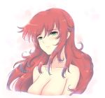  alternate_hairstyle areolae blue_hair breasts cat_with_a_brush cleavage collarbone cropped_torso expressionless gradient gradient_background green_eyes hair_down long_hair medium_breasts nude out-of-frame_censoring parted_lips pyrrha_nikos red_hair rwby shiny shiny_hair shiny_skin solo upper_body 