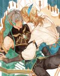  2boys absurdres alhaitham_(genshin_impact) aqua_eyes black_pants black_shirt blonde_hair bridal_gauntlets feather_hair_ornament feathers genshin_impact grey_hair hair_ornament headphones highres kaveh_(genshin_impact) looking_at_another male_focus multiple_boys pants peachyyuri red_eyes shirt short_hair sleeveless sleeveless_shirt white_shirt yaoi 