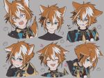  1boy animal_ears armor blue_eyes blush brown_eyes closed_mouth dog_boy dog_ears dog_tail genshin_impact gorou_(genshin_impact) highres igote japanese_armor kitsunebi_v3kokonn multicolored_hair multiple_views open_mouth smile streaked_hair tail tassel teeth two-tone_hair v-shaped_eyebrows 