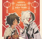  2boys arknights black_hair black_shirt border chinese_new_year choshanland_plushy_(arknights) closed_eyes couple dark-skinned_male dark_skin dated elysium_(arknights) english_text feather_hair feeding food futaba_(futaba_uc) gloves highres holding holding_food jacket lantern long_sleeves multicolored_hair multiple_boys open_mouth orange_background orange_eyes red_hair shirt short_hair smile thorns_(arknights) upper_body white_gloves white_hair white_jacket yaoi 