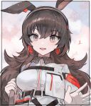  1girl :d animal_ears april_(arknights) arknights black_hairband blush breasts brown_eyes brown_hair commentary gloves hair_between_eyes hairband hands_up highres jacket long_hair looking_at_viewer medium_breasts noshima rabbit_ears smile solo upper_body white_gloves white_jacket 