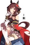  1girl 1other animal_ears black_bow black_bowtie bow bowtie braided_hair_rings brown_eyes brown_hair commentary corset crossed_legs detached_sleeves ear_covers ear_ornament feet_out_of_frame gentildonna_(umamusume) gloves hair_between_eyes hair_bow hair_ornament hand_chains high_heels horse_ears horse_girl horse_tail layered_skirt long_hair looking_at_viewer misu_kasumi puffy_detached_sleeves puffy_sleeves see-through sidelocks skirt smile solo tail thighhighs trainer_(umamusume) translation_request two-sided_fabric umamusume wavy_hair white_gloves white_thighhighs 
