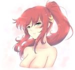 areolae blue_hair blush breasts cat_with_a_brush cleavage collarbone cropped_torso expressionless forehead_protector gradient gradient_background green_eyes high_ponytail long_hair medium_breasts nude out-of-frame_censoring parted_lips pyrrha_nikos red_hair rwby shiny shiny_hair shiny_skin solo upper_body 