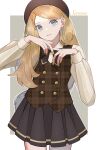  1girl alternate_costume beret blonde_hair border brown_headwear brown_vest buttons character_name commentary_request cowboy_shot eyelashes grey_eyes hands_up hat highres kana_(kanna_runa0620) long_hair long_sleeves looking_at_viewer nail_polish outside_border parted_lips pleated_skirt pokemon pokemon_xy serena_(pokemon) shirt skirt solo vest white_border yellow_nails 