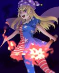  american_flag american_flag_dress american_flag_legwear bangs blonde_hair clownpiece commentary_request dress fairy fairy_wings frilled_shirt_collar frills hat holding iirodo jester_cap leggings long_hair neck_ruff night night_sky open_mouth outdoors pantyhose pink_eyes polka_dot print_legwear short_dress short_sleeves sky smile solo star star_print striped striped_dress striped_legwear torch touhou very_long_hair wings 