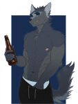abs alcohol anthro areola arm_tuft athletic athletic_anthro athletic_male beer beverage biceps black_bottomwear black_clothing black_eyebrows black_nose black_pants blue_background border bottle bottomwear canid canine canis cheek_tuft chest_tuft claws clothing container digital_media_(artwork) elbow_tuft eyebrows facial_tuft fangs fingers fur green_eyes grey_body grey_claws grey_fur grey_tail hand_in_pants hi_res holding_beer holding_beverage holding_bottle holding_container holding_object looking_at_viewer male mammal navel nipples pants pecs pink_areola pink_nipples riffraff666 shoulder_tuft simple_background smile solo standing tail teeth tuft white_border wolf