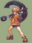  1girl anchor bike_shorts black_gloves brown_hair fingerless_gloves glaceo gloves grey_background guilty_gear hat hat_ornament highres holding holding_anchor jacket may_(guilty_gear) open_mouth orange_eyes orange_footwear orange_headwear orange_jacket orange_shirt pirate_hat pixel_art pointing shirt shorts simple_background skull_and_crossbones skull_hat_ornament smile solo 