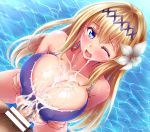  1girl bangs bar_censor bikini blonde_hair blue_eyes blush breast_squeeze breasts bursting_breasts censored collarbone cum cum_on_body cum_on_breasts cum_on_upper_body diadem dutch_angle ejaculation eyebrows_visible_through_hair facial flower front-tie_bikini front-tie_top granblue_fantasy hair_flower hair_intakes hair_ornament hetero highres jeanne_d'arc_(granblue_fantasy) large_breasts lily_(flower) long_hair looking_at_viewer male_pubic_hair nail_polish one_eye_closed open_mouth paizuri paizuri_under_clothes penis perpendicular_paizuri pubic_hair purple_bikini purple_nails solo_focus sparkle stir255 sweat swimsuit very_long_hair water white_flower wince 