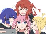  4girls ahoge atenaba black_shirt blonde_hair blue_eyes blue_hair blurry blurry_foreground blush_stickers bocchi_the_rock! cellphone chromatic_aberration closed_eyes gotoh_hitori hair_ornament hairclip head_on_head head_rest highres holding holding_phone ijichi_nijika kita_ikuyo long_hair looking_at_another multiple_girls one_side_up open_mouth parted_lips phone pink_hair red_hair shirt short_hair side_ponytail simple_background smartphone sweatdrop taking_picture v white_background yamada_ryo yellow_eyes 
