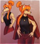 2024 anthro athletic athletic_female belt bottomwear canid canine ceroba_(undertale_yellow) clothing esquire3 female fox hair hi_res looking_at_viewer looking_away mammal orange_hair pants ponytail portrait solo three-quarter_portrait undertale_yellow
