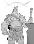  1boy abs absurdres bara barbarian bare_pectorals beard earrings facial_hair fingernails goatee greatsword greyscale highres jewelry large_hands large_pectorals looking_ahead mature_male medium_hair monochrome monster_boy muscular muscular_male nipples o-ring o-ring_top orc original pectorals planted planted_sword pointy_ears sharp_fingernails solo sparse_arm_hair standing strongman_waist sword thick_beard thick_eyebrows tusks weapon yuchao_wang 