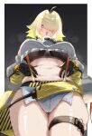  1girl belly_grab blonde_hair blush border breasts breasts_apart covered_nipples cowboy_shot elegg_(nikke) exposed_pocket eyes_visible_through_hair gloves goddess_of_victory:_nikke grey_shorts hair_intakes hair_over_eyes head_tilt highres large_breasts long_bangs long_sleeves looking_at_viewer multicolored_hair navel open_mouth outside_border plump purple_eyes shorts shun_hayakawa simple_background skindentation solo suspender_shorts suspenders sweatdrop thick_thighs thigh_strap thighs two-tone_hair white_border 