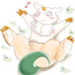 anoko avian brown_body brown_fur chiikawa chimera female feral fur grass green_body green_scales horn mammal musical_note plant reptile scales scalie seirei solo spiral_eyes spread_legs spreading white_body white_fur