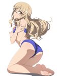  1girl ass barefoot bikini blonde_hair blue_bikini blunt_bangs commentary_request covering_chest covering_privates feet from_side full_body glasses hands_up kneeling long_hair looking_at_viewer nanashino perrine_h._clostermann simple_background smile soles solo strike_witches swimsuit thighs toes white_background world_witches_series yellow_eyes 