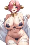  1girl absurdres alternate_breast_size bare_shoulders bikini black_bikini blue_eyes blush breasts cleavage fate/grand_order fate_(series) frankenstein&#039;s_monster_(fate) hair_over_one_eye highres jasony large_breasts looking_at_viewer micro_bikini navel one_eye_covered open_clothes open_mouth open_shirt shirt short_hair sideboob simple_background smile solo stomach swimsuit thigh_gap thighs underboob white_background white_shirt 
