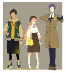  1girl 2boys beret claude_von_riegan coat fire_emblem fire_emblem:_three_houses glasses hat highres hilda_valentine_goneril hood hoodie long_hair long_skirt lorenz_hellman_gloucester multiple_boys open_clothes open_hoodie pink_hair plaid plaid_headwear plaid_skirt purple_hair skirt trench_coat yachimata_1205 