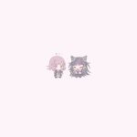  2girls :o black_hair black_jacket blush brown_hair chi_gu chibi danganronpa_(series) danganronpa_2:_goodbye_despair grey_background hair_horns happy highres jacket long_hair medium_hair miniskirt mioda_ibuki multicolored_hair multiple_girls nanami_chiaki neck_ribbon open_clothes open_jacket pleated_skirt purple_hair ribbon simple_background skirt smile standing translation_request two-tone_shirt white_hair 