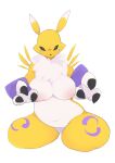 2024 3_fingers absurd_res anthro areola armwear bandai_namco belly black_claws black_sclera blue_eyes breasts canid canine claws clothing digimon digimon_(species) female finger_claws fingers front_view fur fur_tuft hi_res mammal mostly_nude multicolored_body multicolored_fur nipples purple_armwear purple_clothing renamon simple_background tinntira tuft white_background white_belly white_body white_ears white_fur yellow_body yellow_ears yellow_fur