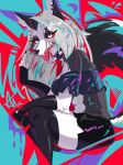 abstract_background anthro armwear black_clothing black_legwear black_thigh_highs boob_tube bottomwear canid canid_demon canine cellphone clothed clothing collar demon ear_piercing ear_ring ears_up elbow_gloves electronics eye_through_hair eyebrows eyelashes eyeliner fangs fangs_bared female fingerless_elbow_gloves fingerless_gloves fingernails flipping_viewer_off fluffy fur gesture gloves grey_body grey_fur hair hand_gesture handwear hellhound helluva_boss hi_res laverne_3r legwear looking_at_viewer loona_(helluva_boss) makeup mammal middle_finger mythological_canine mythological_creature mythology nails notched_ear phone piercing red_sclera ring_piercing rude shorts smartphone solo spiked_collar spikes teeth thick_thighs thigh_highs tongue tongue_out translucent translucent_hair white_body white_eyes white_fur white_hair